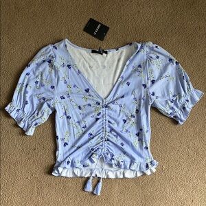 Floral Blue Top with Ruched Front
